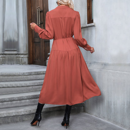 Long Sleeve Pure Color All-matching Orange Long Sleeve Dress