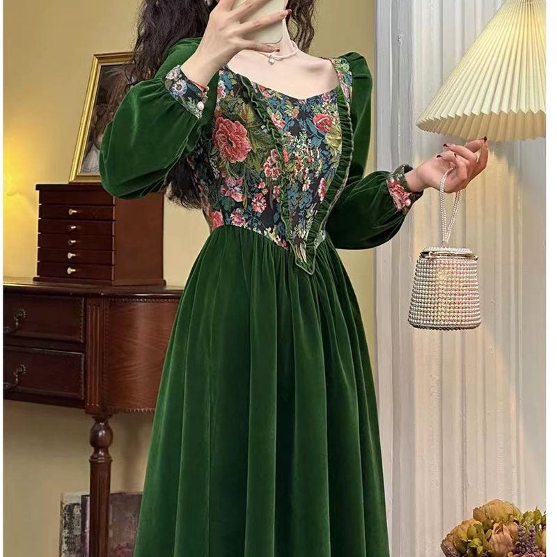 Robe rétro à manches longues en velours vert jacquard