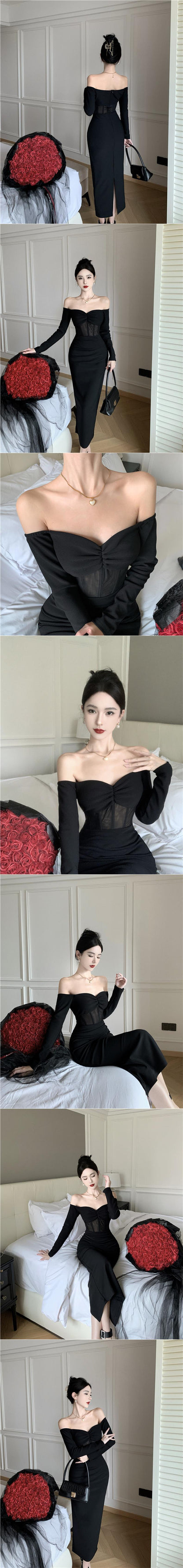 French Style Temperament Socialite Slim Fit Sheath Off-shoulder Dress