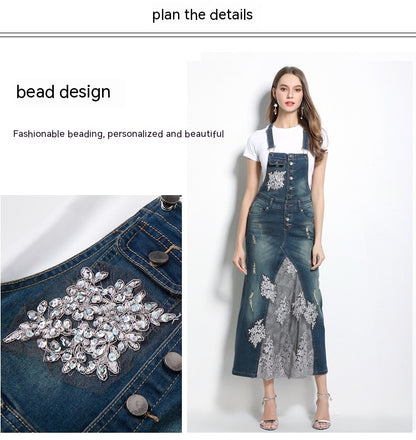 Robe à bretelles en coton et denim en dentelle