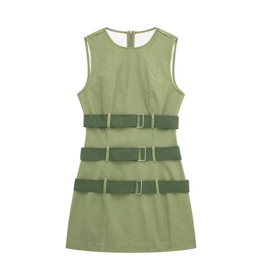 Women's Overalls Army Green Sleeveless Vest Hot Girl Dress