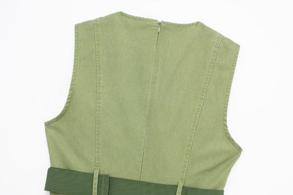 Salopette femme vert armée gilet sans manches robe fille chaude