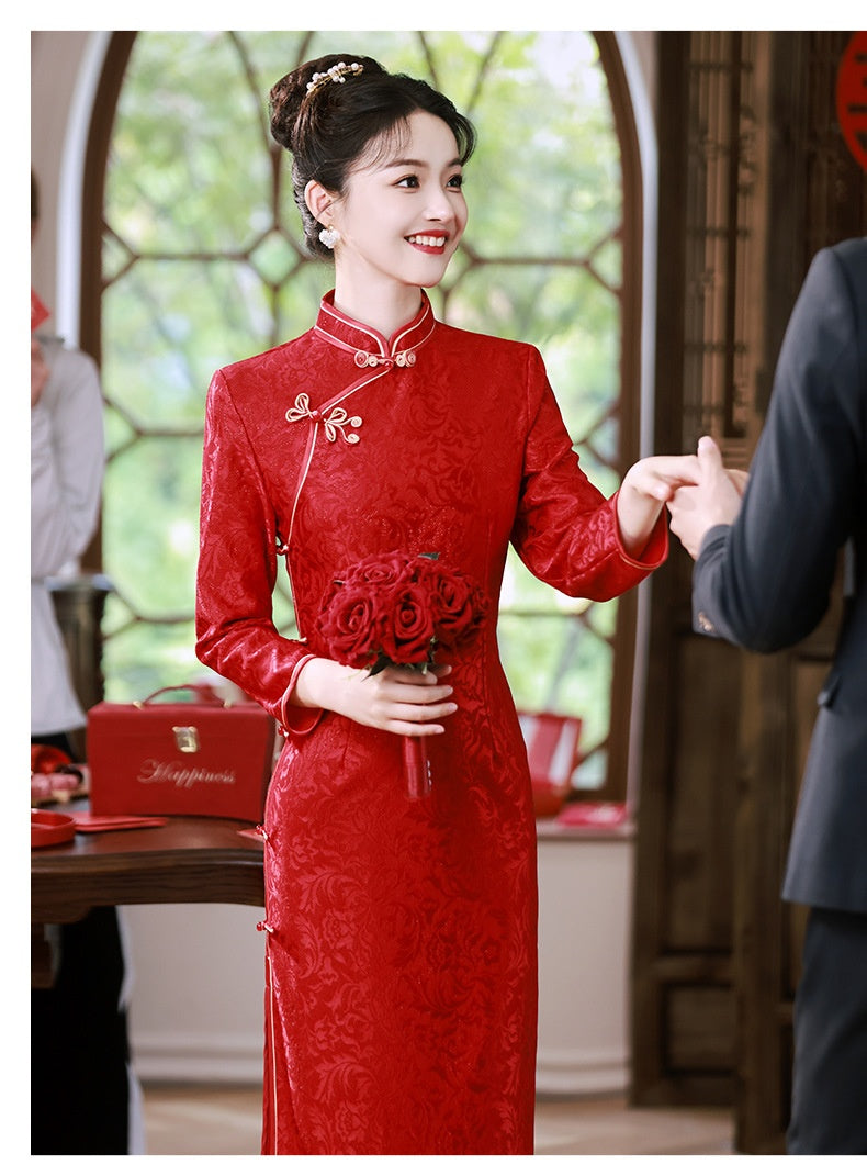 Robe de mariée rouge à trois composites, Cheongsam longue et cintrée pour réunion annuelle