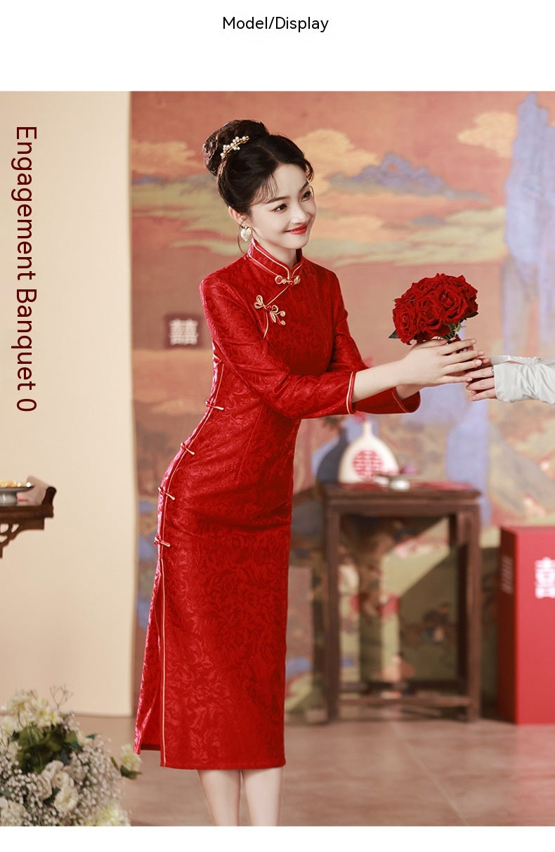 Vestido de novia rojo compuesto de tres Cheongsam largo y ajustado para reunión anual