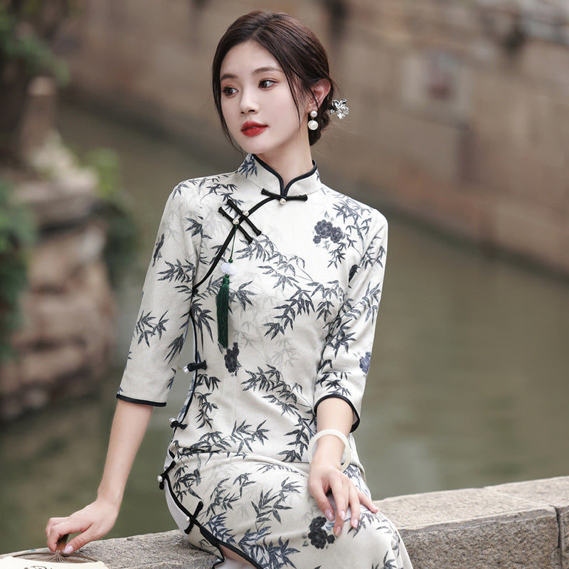 Women's Chinese Suede Printed High-end Elegant Graceful Slimming Daily Cheongsam Dress