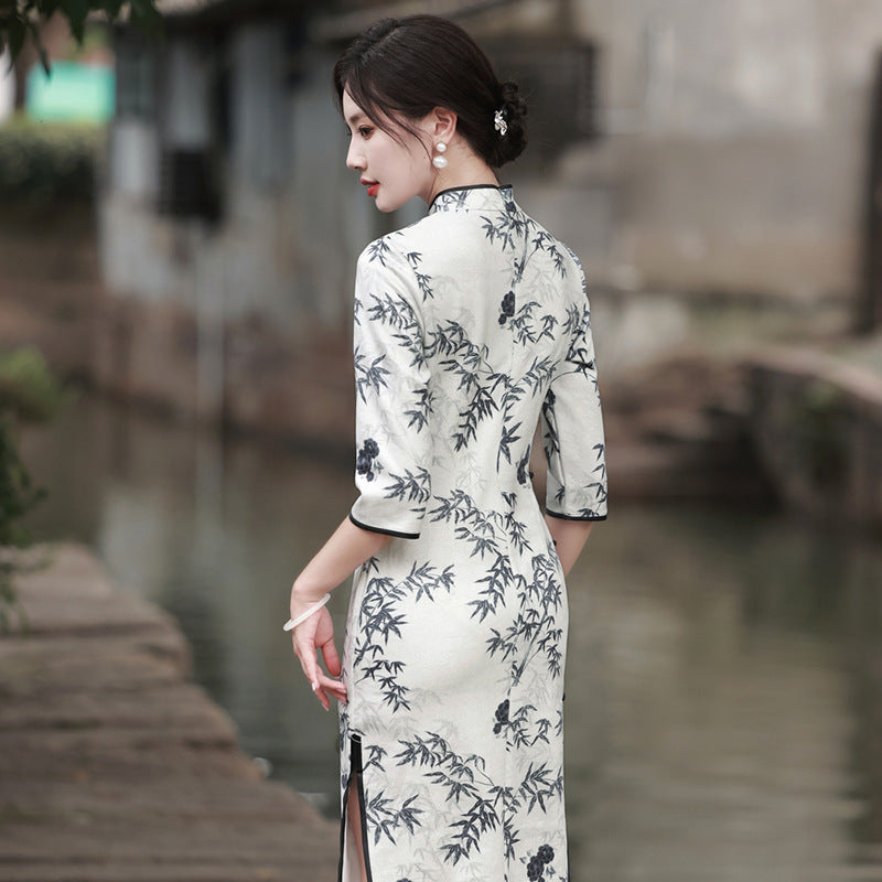 Women's Chinese Suede Printed High-end Elegant Graceful Slimming Daily Cheongsam Dress