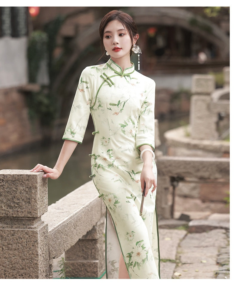 Cheongsam elegante de ante de alta calidad Suzhou, manga tres cuartos, estilo republicano chino Retro