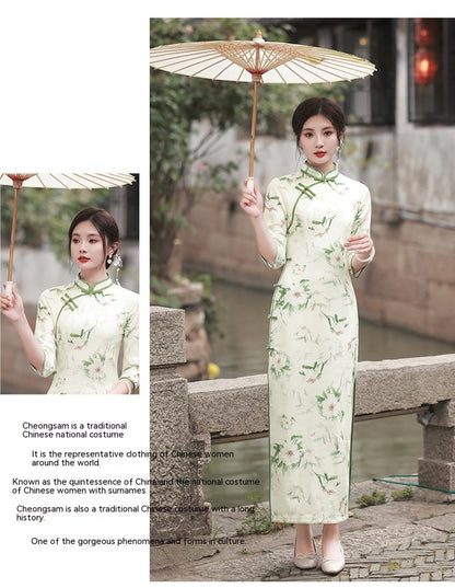 Cheongsam elegante de ante de alta calidad Suzhou, manga tres cuartos, estilo republicano chino Retro