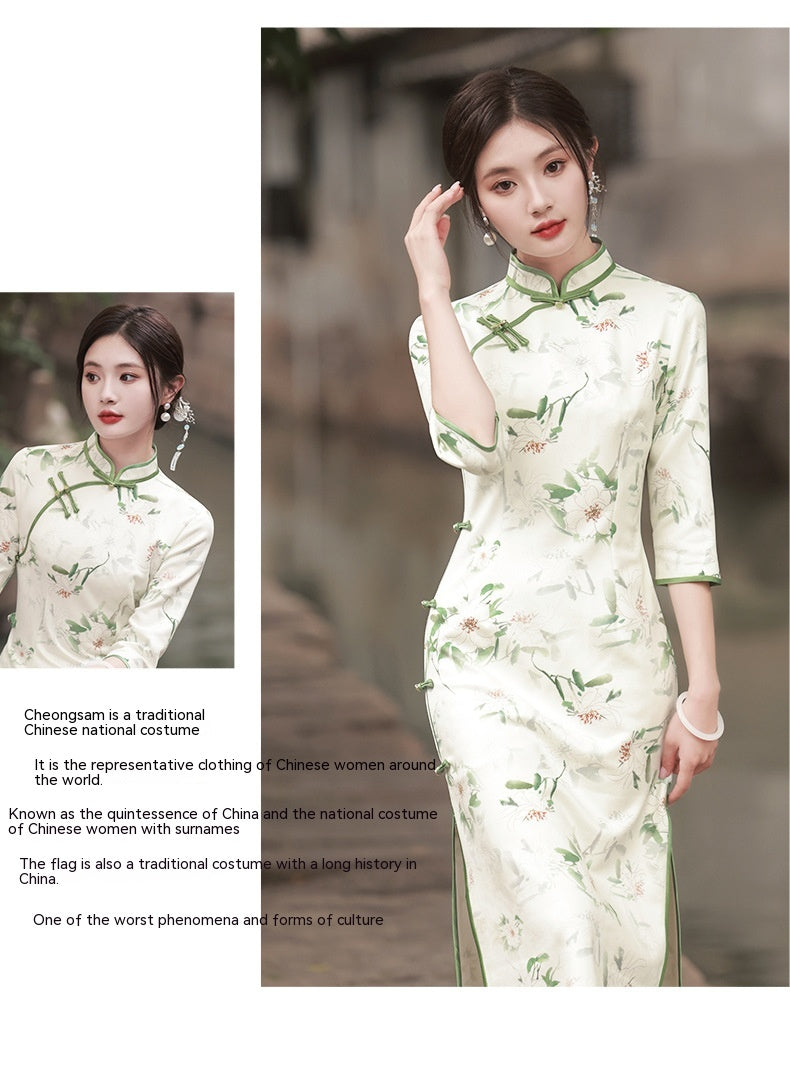 Cheongsam elegante de ante de alta calidad Suzhou, manga tres cuartos, estilo republicano chino Retro