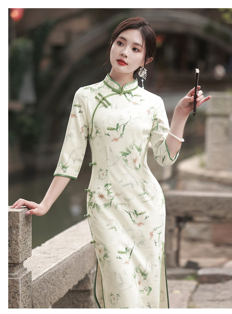 Cheongsam elegante de ante de alta calidad Suzhou, manga tres cuartos, estilo republicano chino Retro