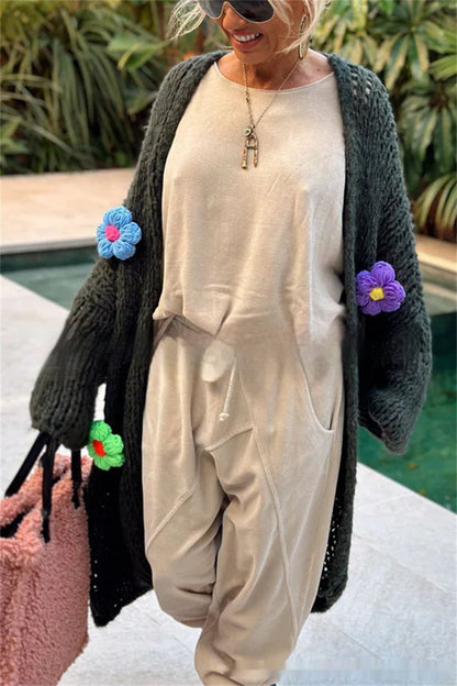 Hand Crocheting Flowers Long Cardigan Jacket Idle Style Casual Loose Women's Sweater