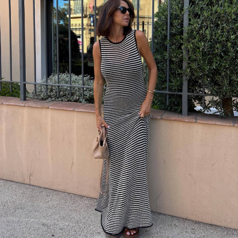 Striped Knitted Dress Sleeveless Hollow Beach