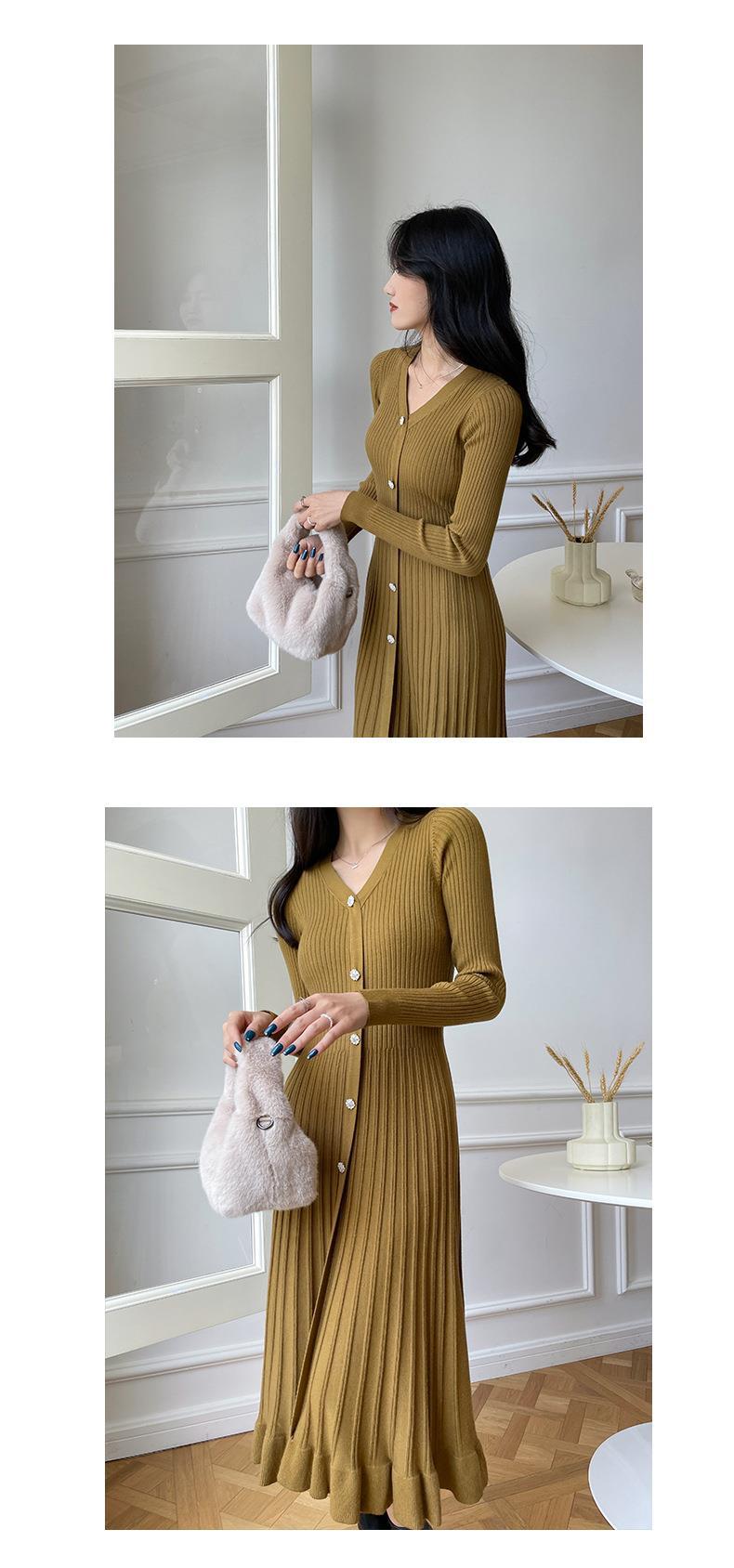 Robe tricotée à la mode pour femme, longue au dessus du genou, pull amincissant