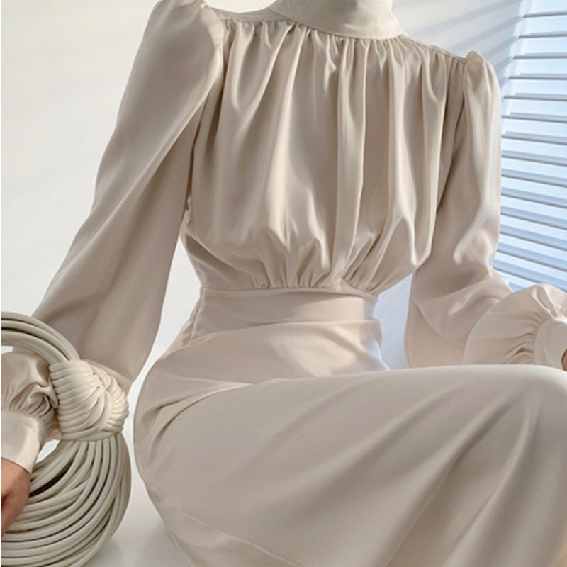 French Elegant Satin Dress Women's Streamer Long Sleeve