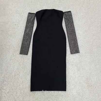 Robe de soirée et de Banquet pour femmes, manches percées en filet, épaules dénudées, Sexy, à bandes noires