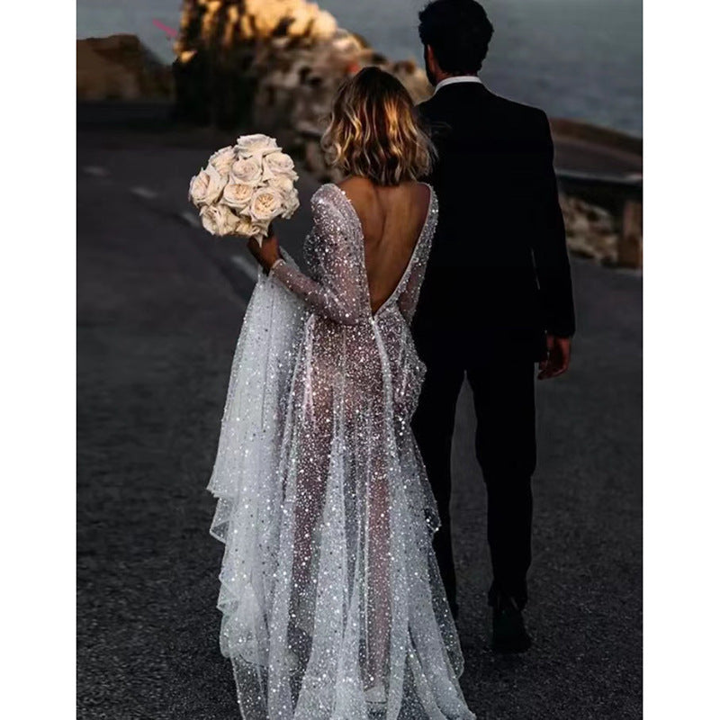 Sequined Lace Backless Outdoor Women Dress