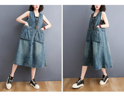 Fashion Casual Mid-length Sleeveless Denim Vest Dress