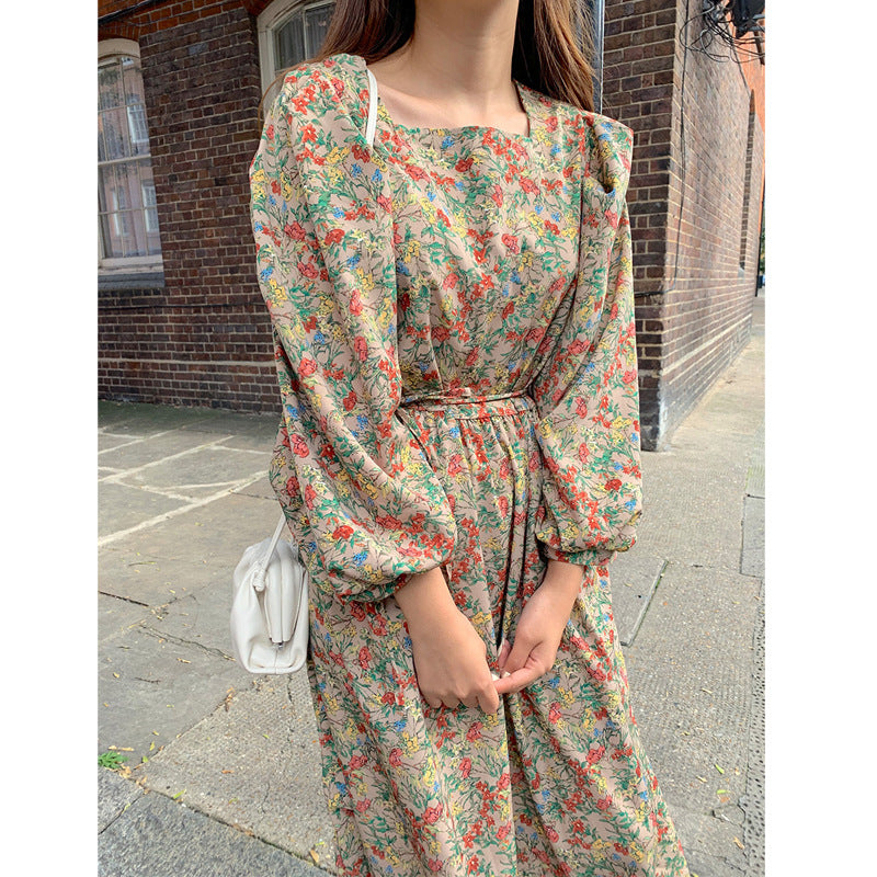 Floral Square Collar Waist-controlled Long Sleeves Dress