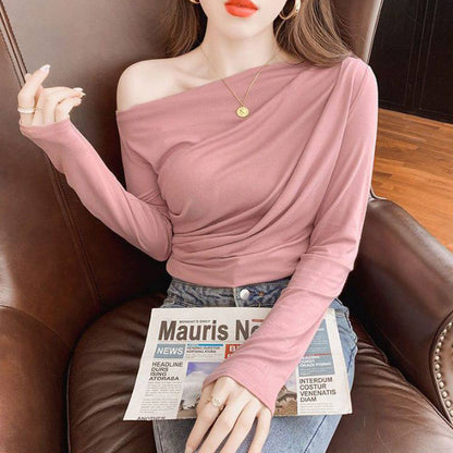 Pleated Collarbone Off-shoulder Shoulder-baring Top Slimming Inspirational Bottoming Shirt