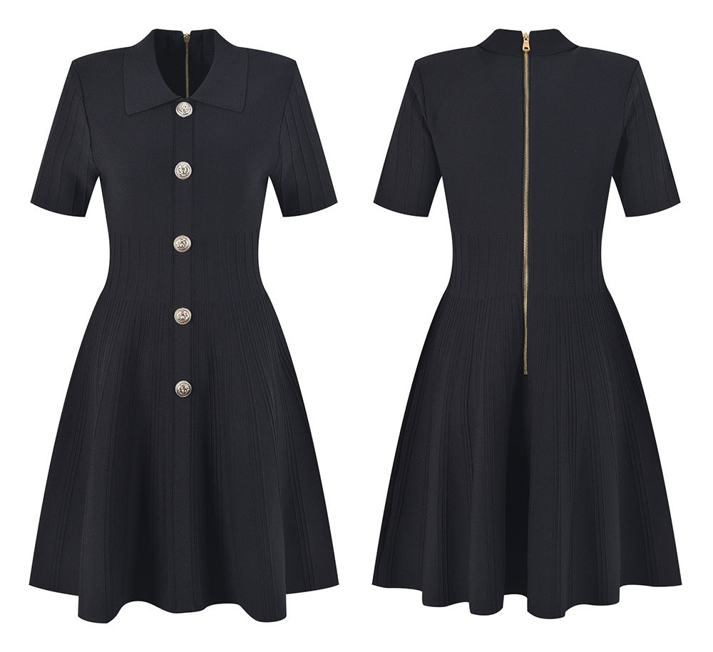 Robe tricotée en soie glacée pour femmes, col Polo, jupe trapèze à la taille