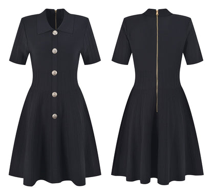 Robe tricotée en soie glacée pour femmes, col Polo, jupe trapèze à la taille