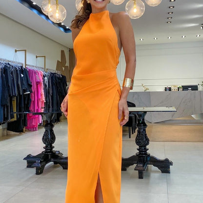 Vestido midi sin mangas con fruncido y abertura de mujer de color amarillo