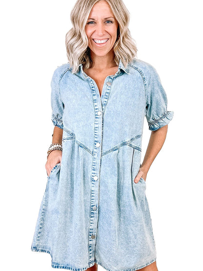 Retro Short Sleeve Denim Dress Women