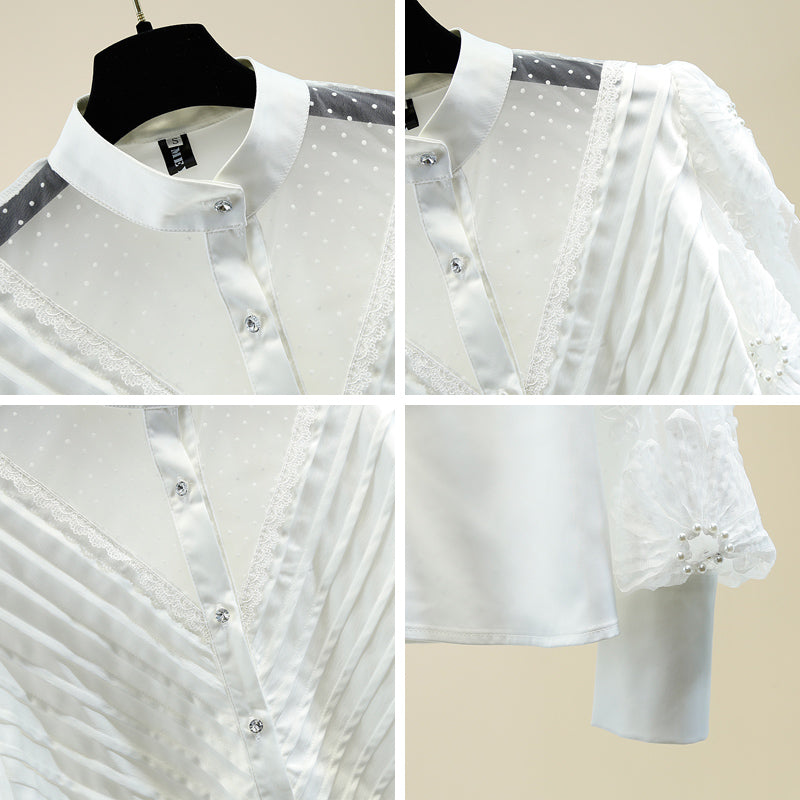 Lace stitching micro see-through stand-up collar shirt