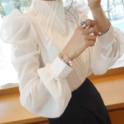 Stand-up collar puff sleeve white shirt