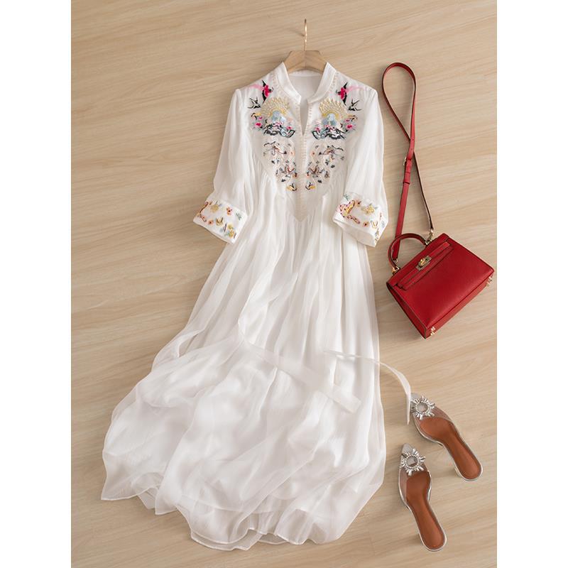 Embroidered Long Skirt Round V-neck Pleated 34 Sleeve Dress