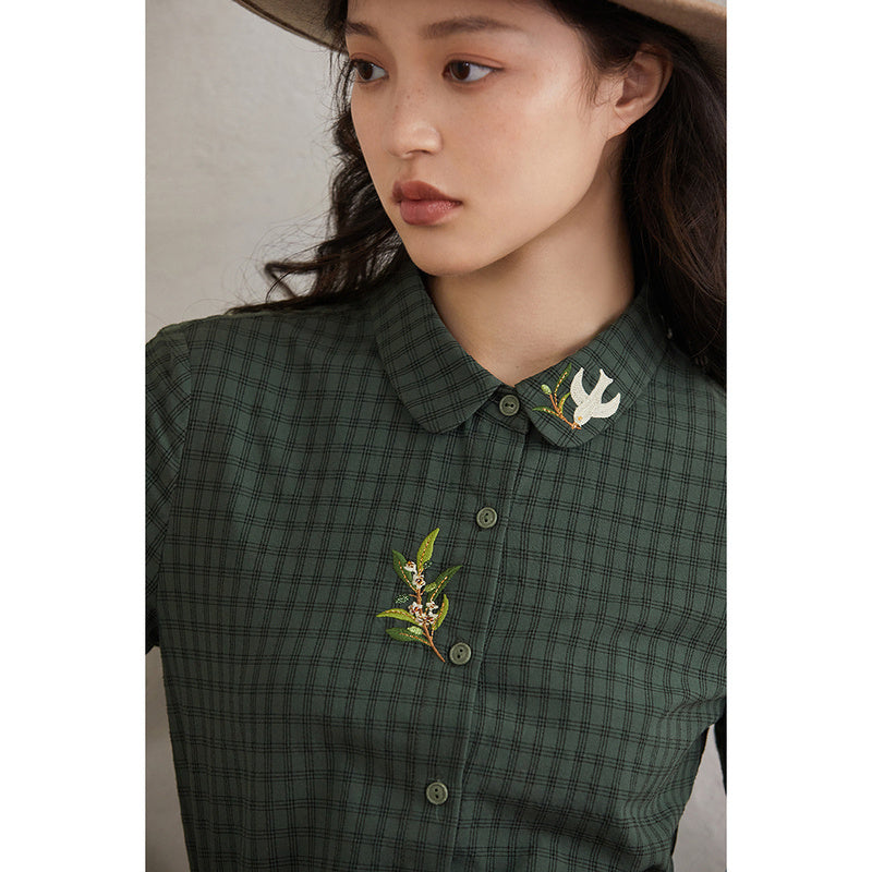 Plaid Embroidered Shirt Women's Pure Cotton Women's Slim Long-sleeved Shirt