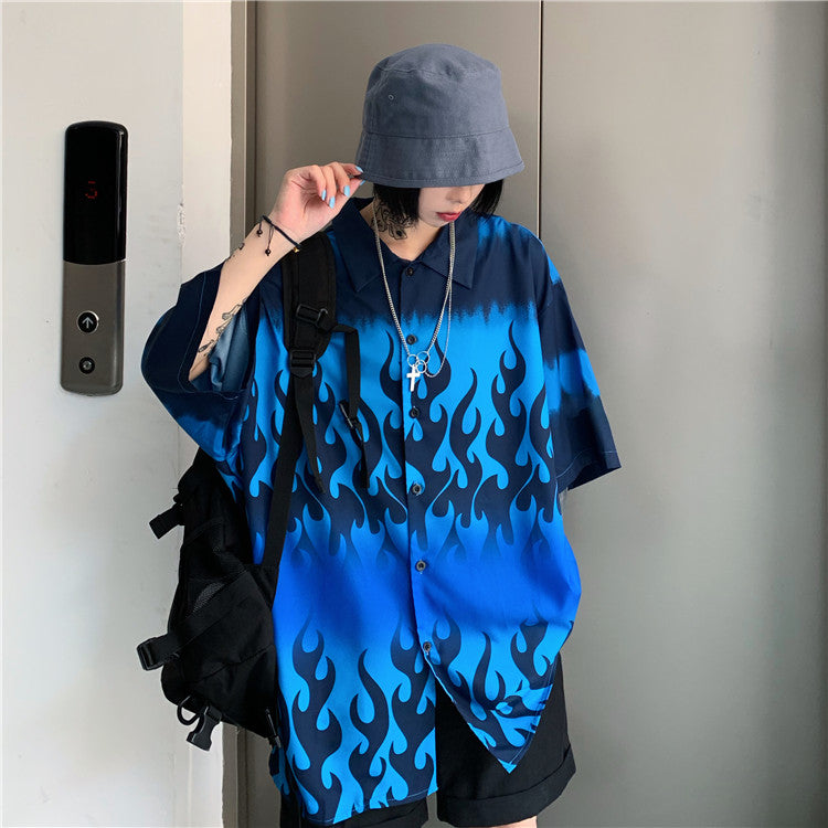 Blue flame print short sleeves