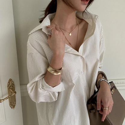 Korean style loose casual mid-length vertical striped shirt