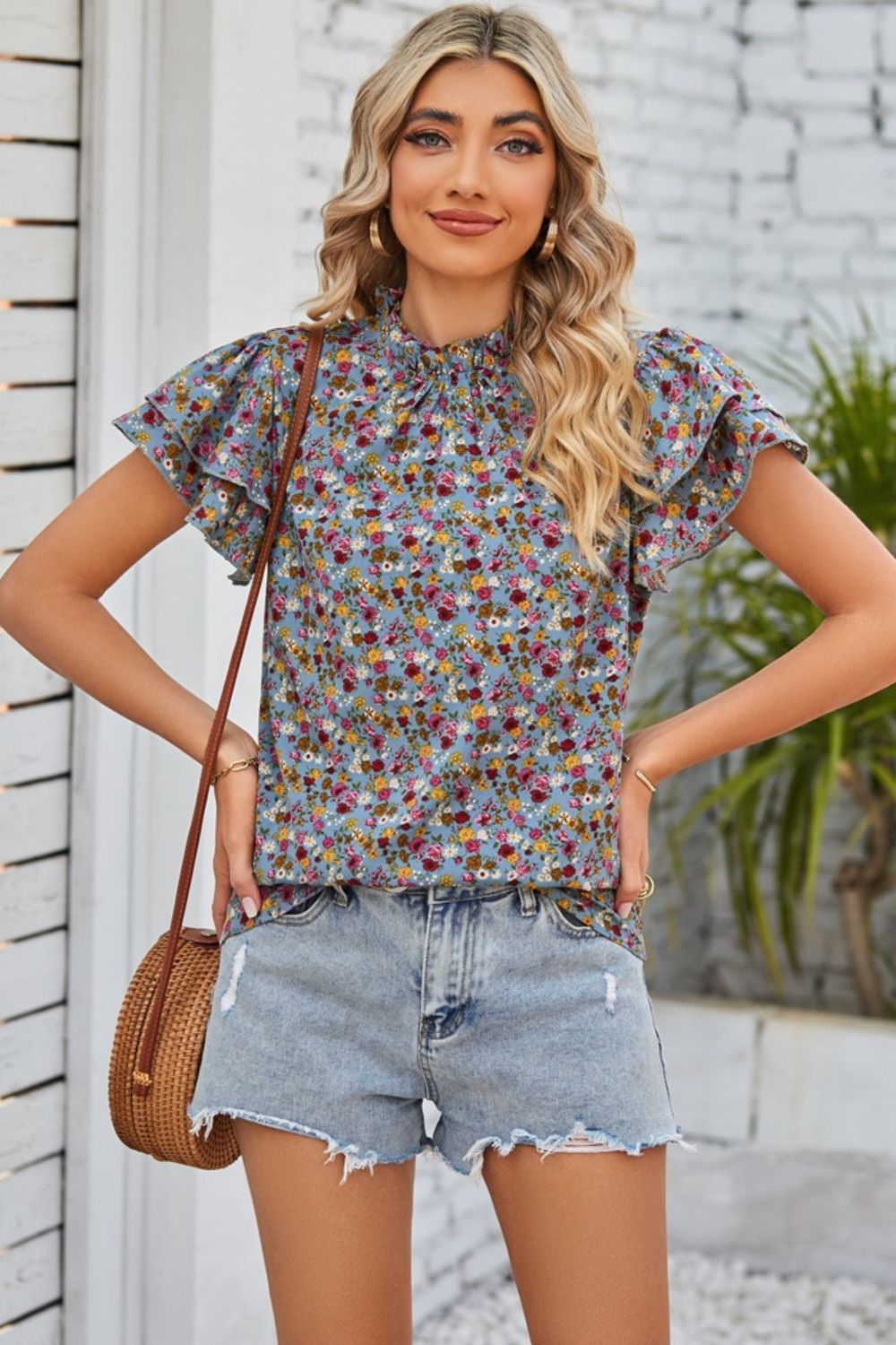 Floral Ruffle Collar Flutter Sleeve Blouse