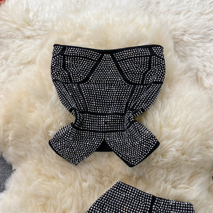 Waist Trimming Ruffles Hot Girl Sexy Short Rhinestone Tube Top Two-piece Suit