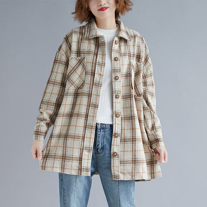 Literary Loose Large Size Women's Wild Plaid Padded Shirt