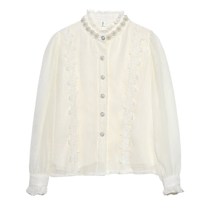 Niche Pearl Stringy Selvedge Stand-up Collar Lace Pleated Long Sleeve Shirt