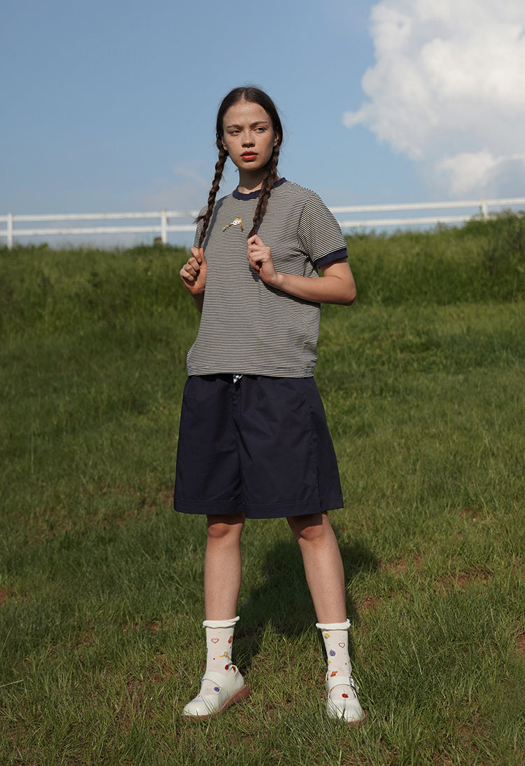 Embroidered retro wild striped short sleeve