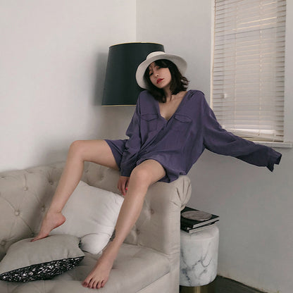 A water striped purple Tencel shirt female tide long sleeve loose fashion shirt chic shirt early autumn