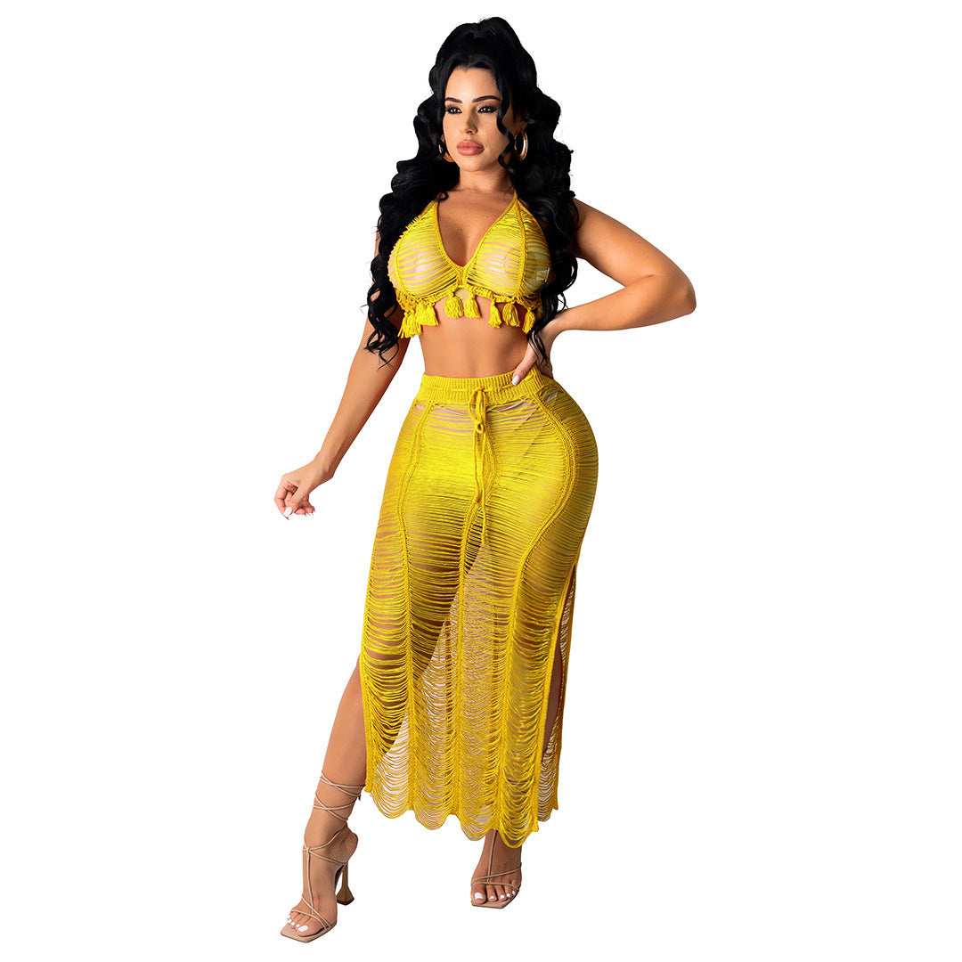 See-through Tassel Knitted Beach Skirt Suit