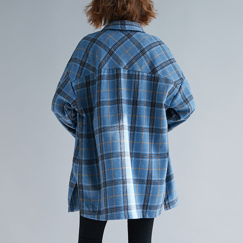 Literary Loose Large Size Women's Wild Plaid Padded Shirt