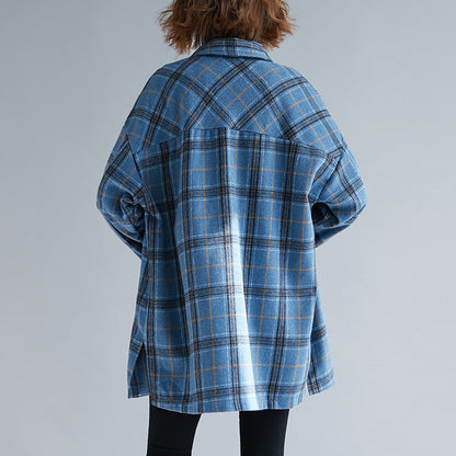 Literary Loose Large Size Women's Wild Plaid Padded Shirt