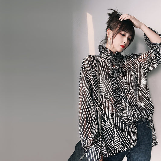 Standing collar ruffled chiffon shirt