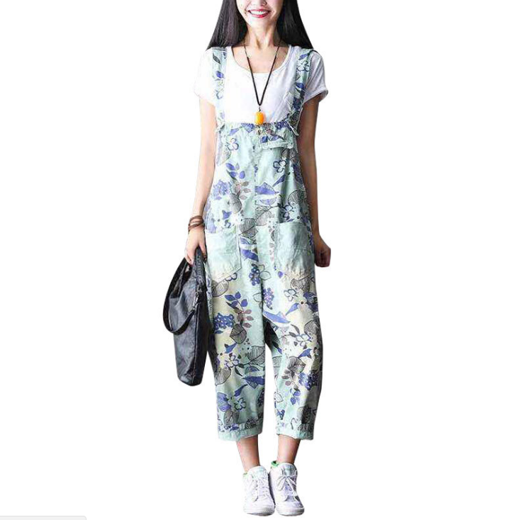 Casual Loose Floral Print Cotton Overalls Women