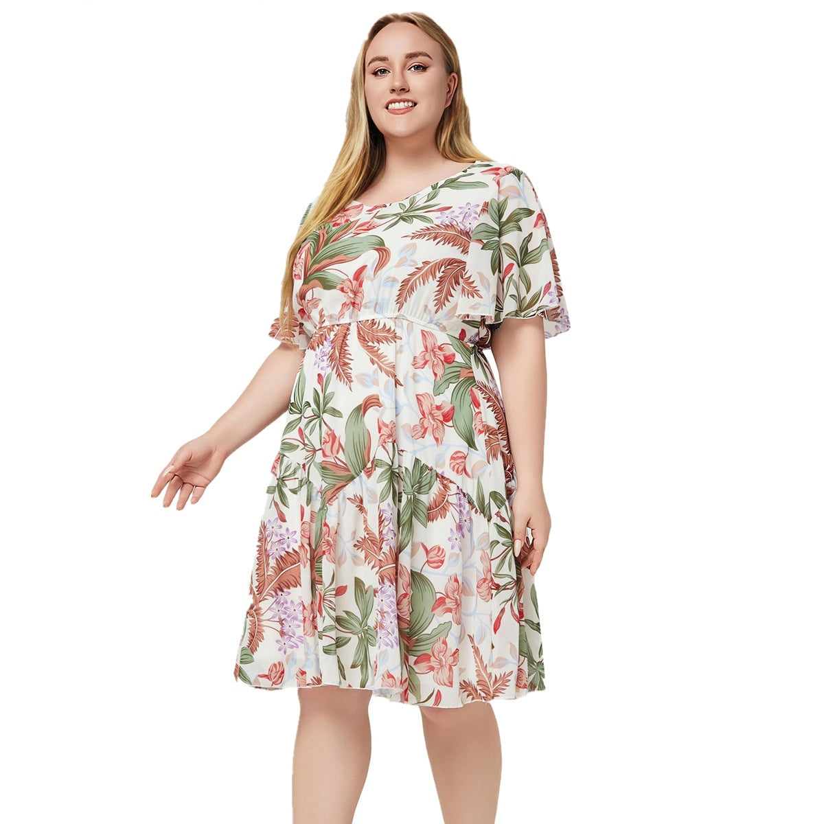 Women's Short Sleeve Printed Chiffon Dress