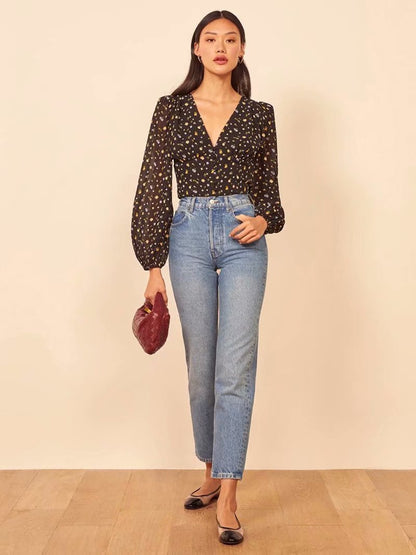 All-match V-neck floral print lantern sleeve top