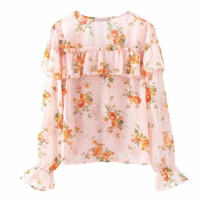 Ruffled long sleeve chiffon shirt feminine lace bottoming shirt