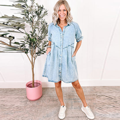 Retro Short Sleeve Denim Dress Women