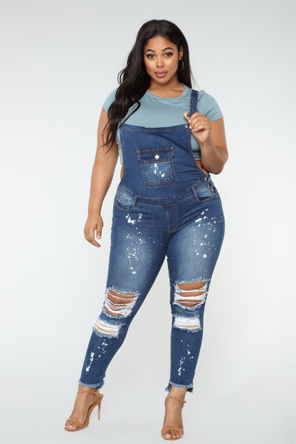 European And American Plus Size Elastic Ripped Overalls