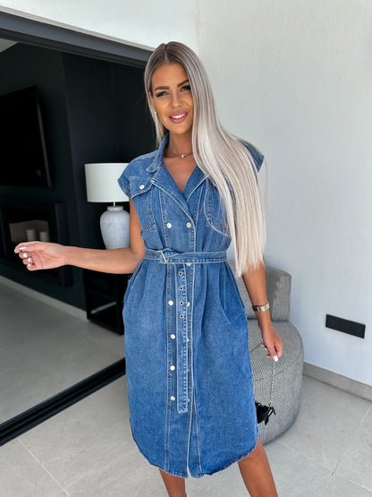 Casual Polo Collar Sleeveless Clinch Open Chest Waist-controlled Lace-up Denim Dress